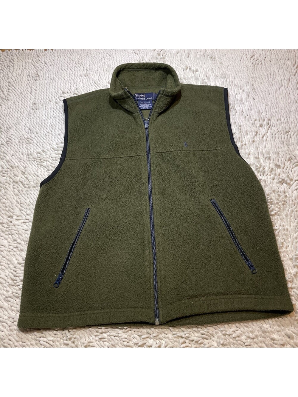 Vintage Polo Ralph Lauren Mens M Olive Green Navy Full Zip Fleece Vest Pockets